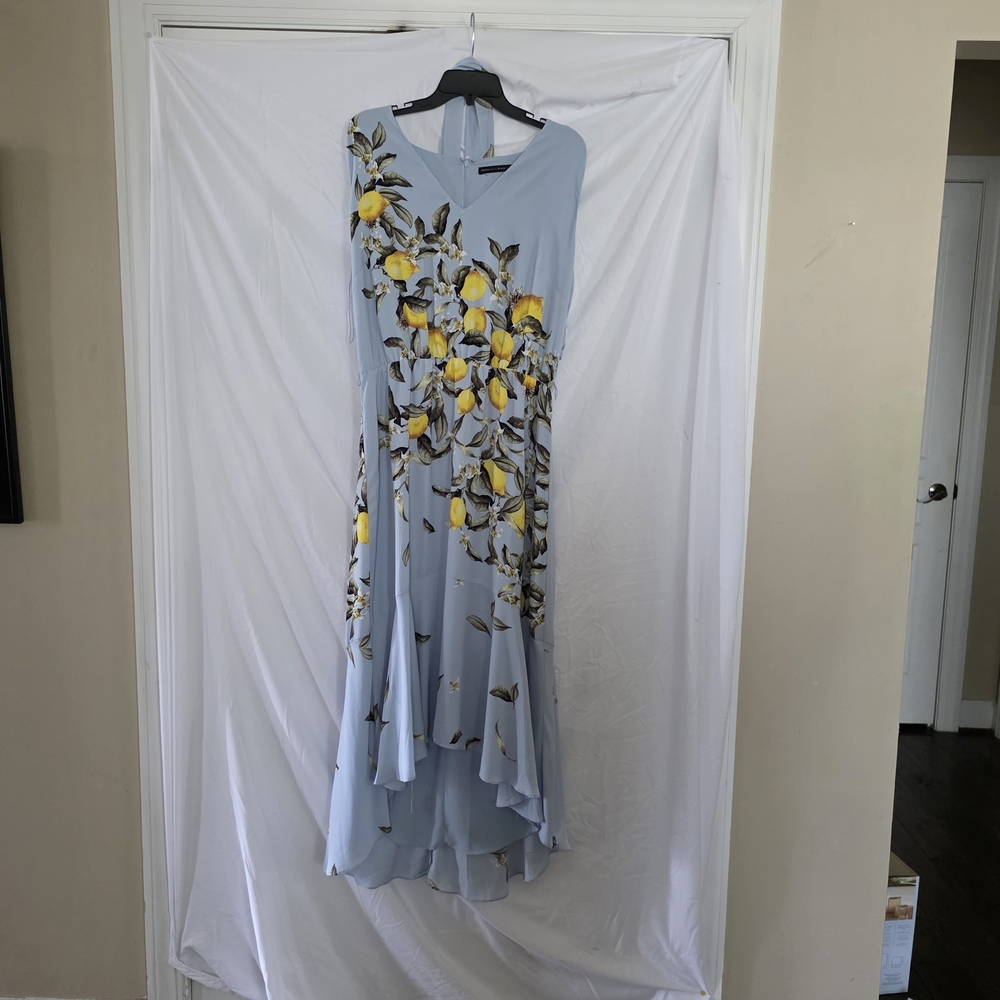 White House Black Market Light Blue Dress with Yellow Floral Pattern